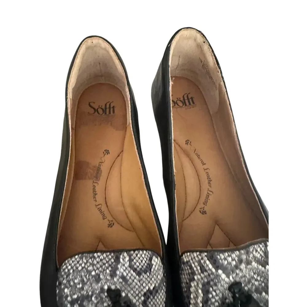 Sofft black and snake print tassled leather flats loafers 11M